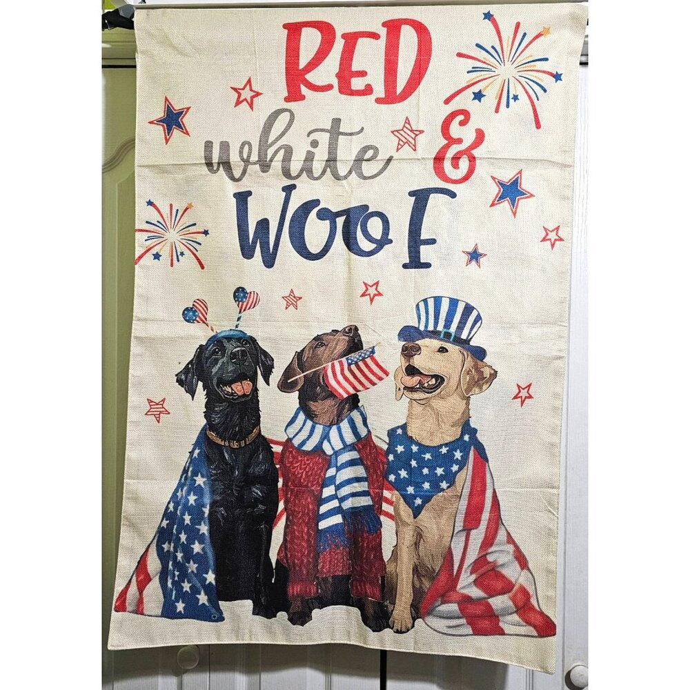Red White & Woof House Flag 28x40 Patriotic Labradors 4th of July Dog Decor Labs